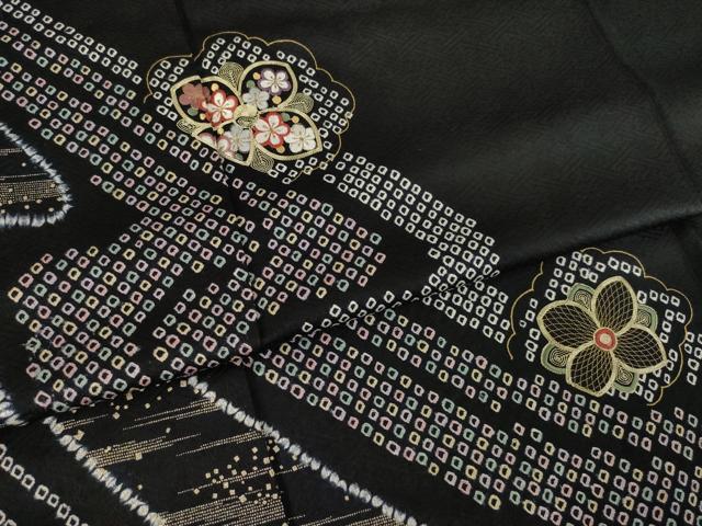 平和屋着物●訪問着　絞り　刺繍　流水花文　黒地　金糸　金彩　正絹　逸品　AABL3680ck