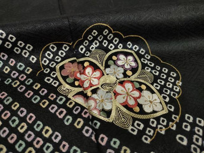 平和屋着物●訪問着　絞り　刺繍　流水花文　黒地　金糸　金彩　正絹　逸品　AABL3680ck