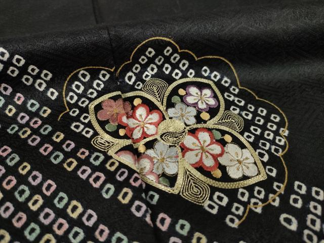 平和屋着物●訪問着　絞り　刺繍　流水花文　黒地　金糸　金彩　正絹　逸品　AABL3680ck
