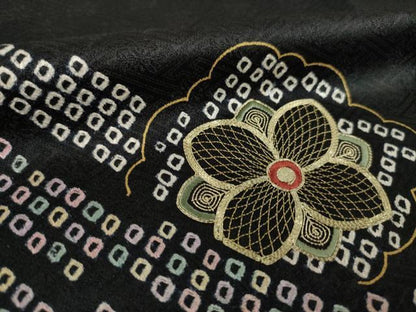 平和屋着物●訪問着　絞り　刺繍　流水花文　黒地　金糸　金彩　正絹　逸品　AABL3680ck