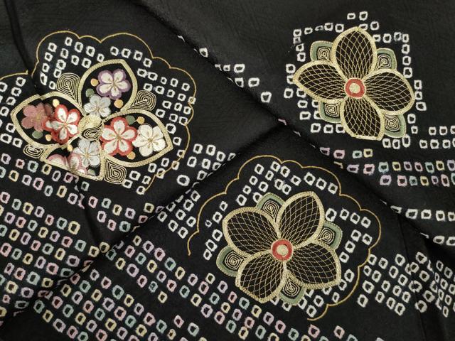 平和屋着物●訪問着　絞り　刺繍　流水花文　黒地　金糸　金彩　正絹　逸品　AABL3680ck