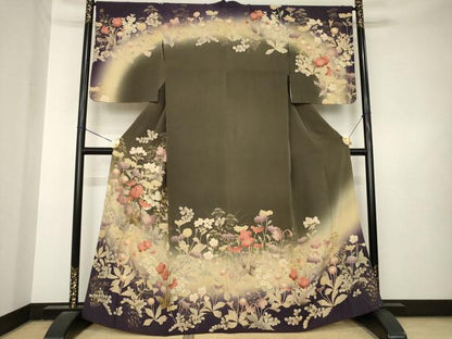 平和屋着物●訪問着　草花文　暈し染め　金彩　背抜き仕立て　正絹　逸品　AABL3685ck