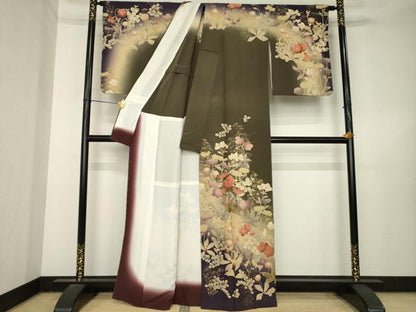 平和屋着物●訪問着　草花文　暈し染め　金彩　背抜き仕立て　正絹　逸品　AABL3685ck