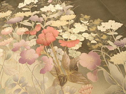 平和屋着物●訪問着　草花文　暈し染め　金彩　背抜き仕立て　正絹　逸品　AABL3685ck