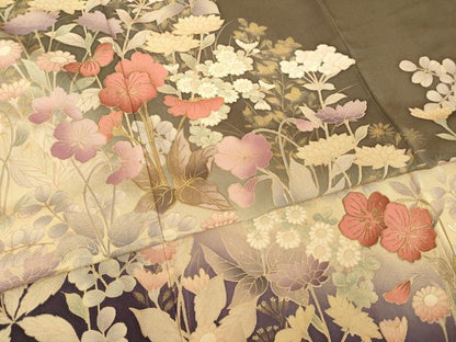 平和屋着物●訪問着　草花文　暈し染め　金彩　背抜き仕立て　正絹　逸品　AABL3685ck
