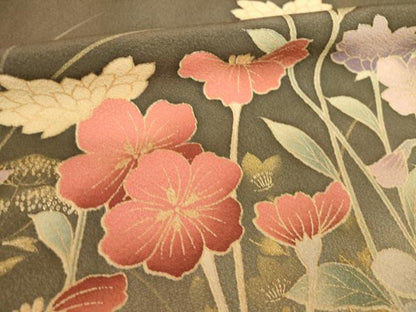 平和屋着物●訪問着　草花文　暈し染め　金彩　背抜き仕立て　正絹　逸品　AABL3685ck