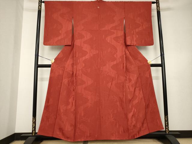 平和屋着物●上質な色無地　流水笹竹地紋　紅海老茶色　正絹　逸品　AABL3690ck