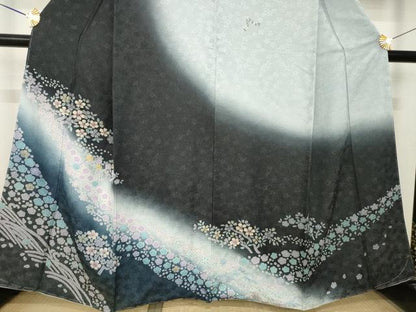 平和屋着物●訪問着　辻が花　舞花文　暈し染め　銀通し地　正絹　逸品　AABL3696ck