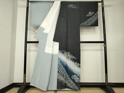 平和屋着物●訪問着　辻が花　舞花文　暈し染め　銀通し地　正絹　逸品　AABL3696ck