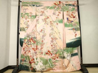 平和屋着物●豪華振袖　駒刺繍　花蝶文　金彩　正絹　逸品　AABL3697ck