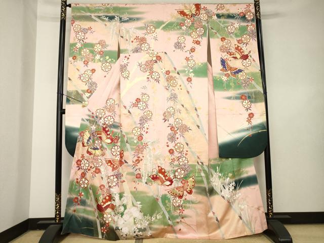 平和屋着物●豪華振袖　駒刺繍　花蝶文　金彩　正絹　逸品　AABL3697ck
