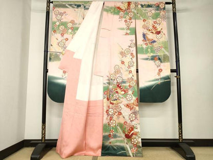 平和屋着物●豪華振袖　駒刺繍　花蝶文　金彩　正絹　逸品　AABL3697ck