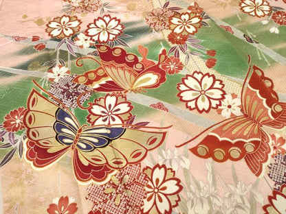 平和屋着物●豪華振袖　駒刺繍　花蝶文　金彩　正絹　逸品　AABL3697ck