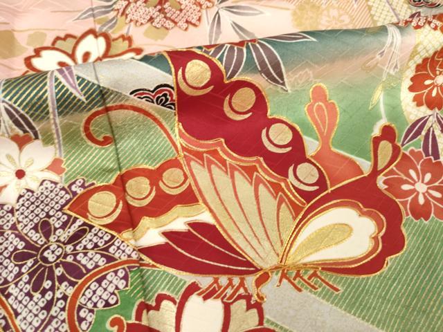 平和屋着物●豪華振袖　駒刺繍　花蝶文　金彩　正絹　逸品　AABL3697ck