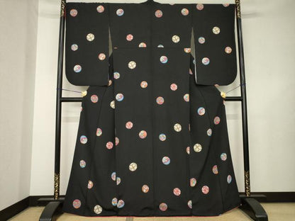 平和屋着物●上質な小紋　花毬文　黒地　正絹　逸品　AABL3699ck
