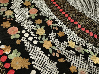 平和屋着物●豪華振袖　総絞り　吉祥舞花文　黒地　正絹　逸品　AABL3707ck