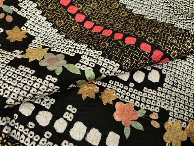 平和屋着物●豪華振袖　総絞り　吉祥舞花文　黒地　正絹　逸品　AABL3707ck