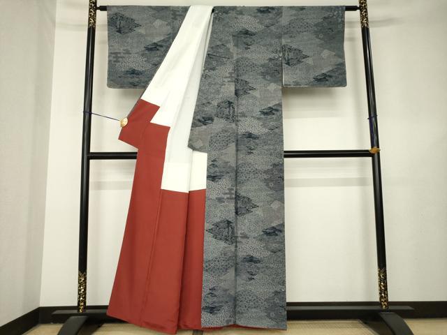 平和屋着物●江戸小紋　松皮菱風景花文　正絹　逸品　AABL3712ck