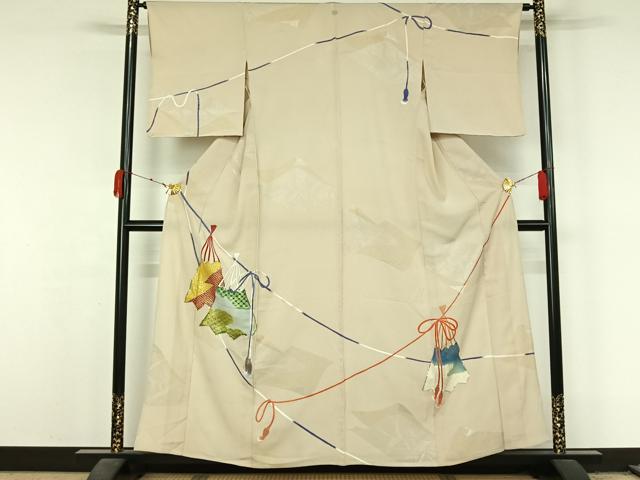 平和屋着物▽訪問着　単衣　駒刺繍　扇面吉祥文　金銀彩　金銀糸　正絹　逸品　AABL3722jh