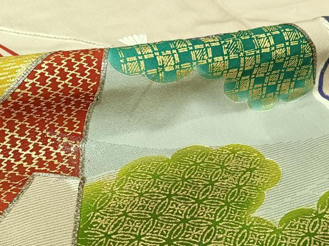 平和屋着物▽訪問着　単衣　駒刺繍　扇面吉祥文　金銀彩　金銀糸　正絹　逸品　AABL3722jh