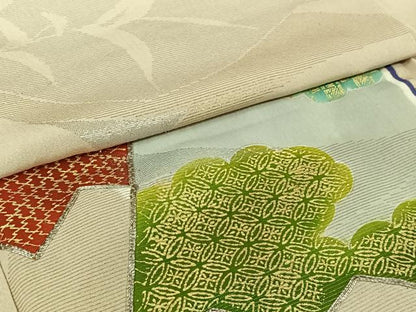 平和屋着物▽訪問着　単衣　駒刺繍　扇面吉祥文　金銀彩　金銀糸　正絹　逸品　AABL3722jh