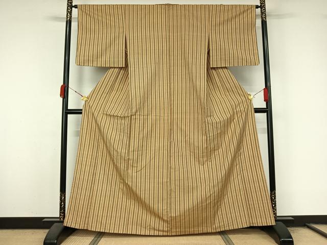 平和屋着物▽上質な紬　単衣　縞　正絹　逸品　AABL3723jh