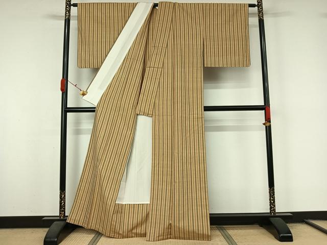 平和屋着物▽上質な紬　単衣　縞　正絹　逸品　AABL3723jh