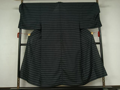 平和屋着物▽男性　お召　単衣　横段文　キングサイズ　正絹　逸品　AABL3734jh