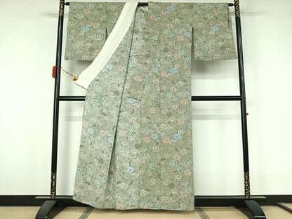 平和屋着物▽小紋　単衣　草花文　鬼しぼ縮緬　洗える着物　AABL3740jh