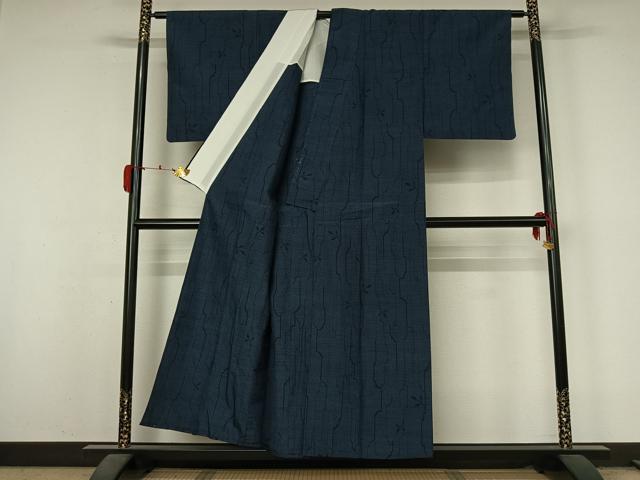 平和屋着物▽上質な紬　単衣　草葉文　正絹　逸品　AABL3744jh