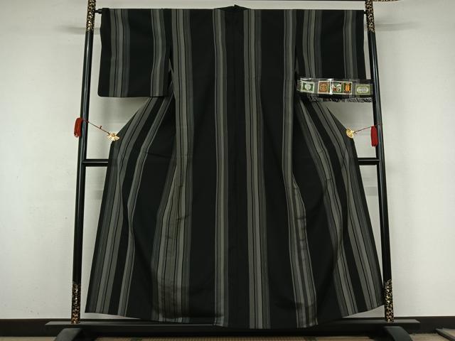 平和屋着物▽本塩沢　やまだ織　単衣　縞　黒地　やまと誂製　証紙付き　正絹　逸品　AABL3745jh