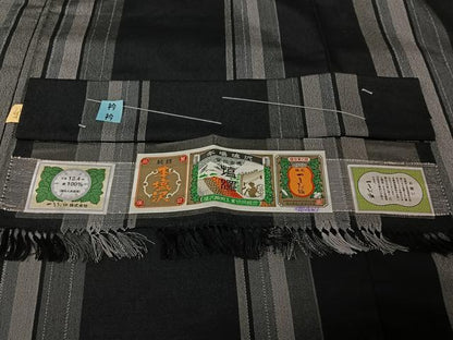 平和屋着物▽本塩沢　やまだ織　単衣　縞　黒地　やまと誂製　証紙付き　正絹　逸品　AABL3745jh