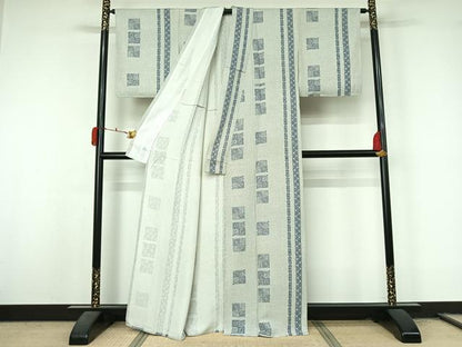 平和屋着物▽上質な小紋　単衣　幾何学花間道　正絹　逸品　AABL3754jh