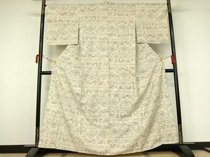 平和屋着物▽上質な紬　単衣　横段花文　正絹　逸品　AABL3768jh