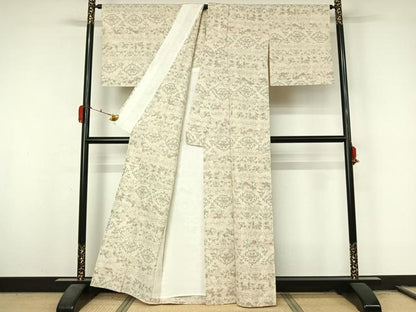 平和屋着物▽上質な紬　単衣　横段花文　正絹　逸品　AABL3768jh