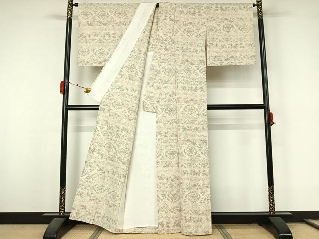 平和屋着物▽上質な紬　単衣　横段花文　正絹　逸品　AABL3768jh