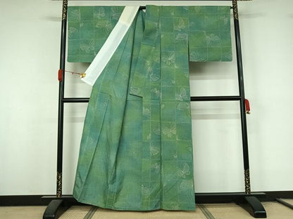 平和屋着物▽上質な小紋　単衣　紬地　舞蝶文　暈し染め　正絹　逸品　AABL3772jh