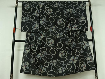 平和屋着物▽上質な紬　単衣　舞花文　黒地　正絹　逸品　AABL3773jh