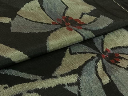 平和屋着物▽上質な紬　単衣　舞花文　黒地　正絹　逸品　AABL3773jh