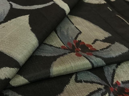 平和屋着物▽上質な紬　単衣　舞花文　黒地　正絹　逸品　AABL3773jh