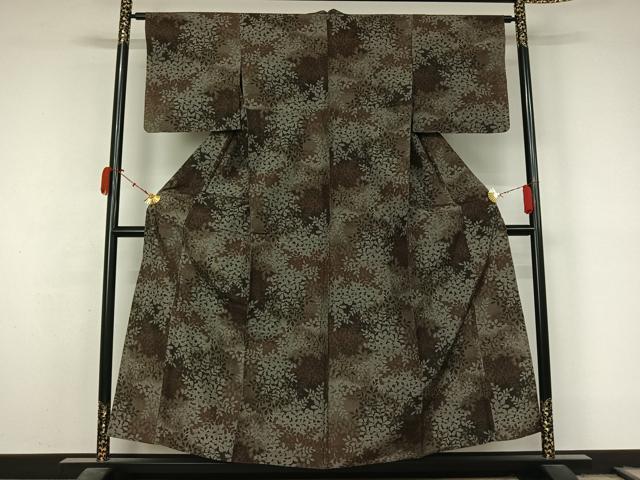 平和屋着物▽上質な紬　単衣　草葉文　正絹　逸品　AABL3778jh