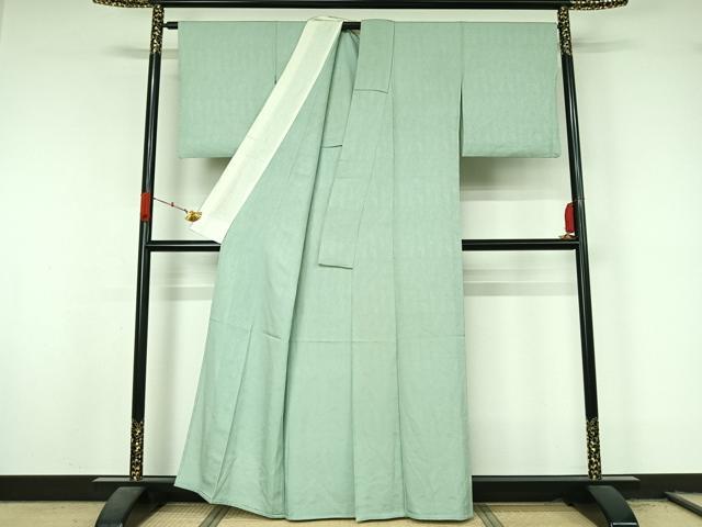 平和屋着物▽上質な色無地　単衣　流水地紋　錆青磁色　正絹　逸品　AABL3785jh