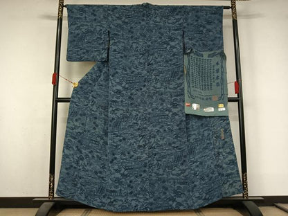 平和屋着物▽宮内庁御用達　赤城右堂　小紋　単衣　型染め　本草木染　風景花文　鬼しぼ縮緬　反端付き　正絹　逸品　AABL3787jh
