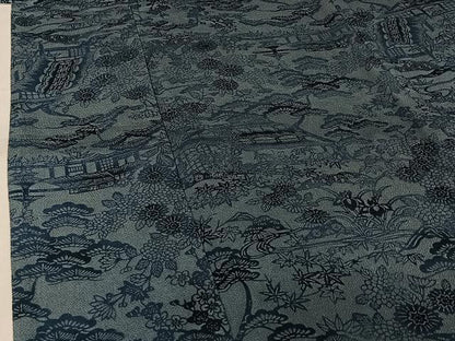 平和屋着物▽宮内庁御用達　赤城右堂　小紋　単衣　型染め　本草木染　風景花文　鬼しぼ縮緬　反端付き　正絹　逸品　AABL3787jh
