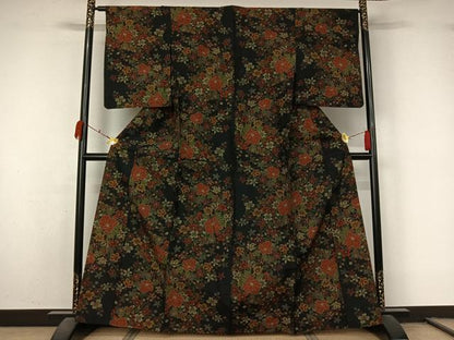平和屋着物▽上質な紬　単衣　草花文　黒地　正絹　逸品　AABL3793jh