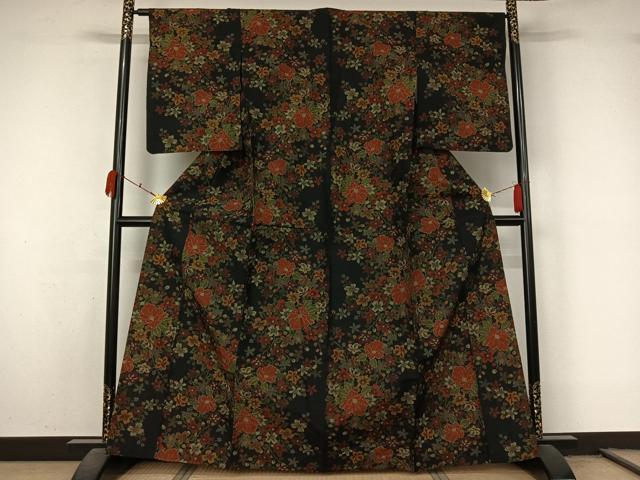 平和屋着物▽上質な紬　単衣　草花文　黒地　正絹　逸品　AABL3793jh
