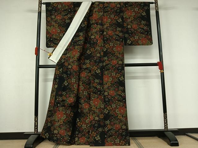 平和屋着物▽上質な紬　単衣　草花文　黒地　正絹　逸品　AABL3793jh