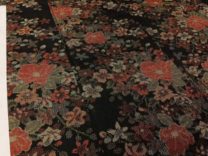 平和屋着物▽上質な紬　単衣　草花文　黒地　正絹　逸品　AABL3793jh