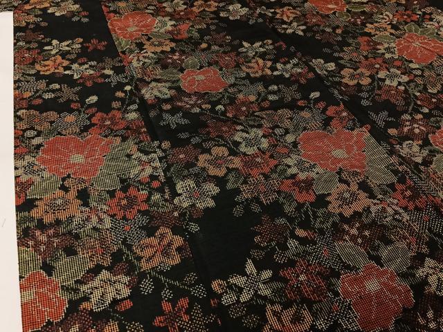 平和屋着物▽上質な紬　単衣　草花文　黒地　正絹　逸品　AABL3793jh