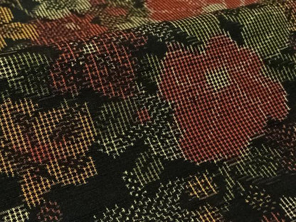 平和屋着物▽上質な紬　単衣　草花文　黒地　正絹　逸品　AABL3793jh